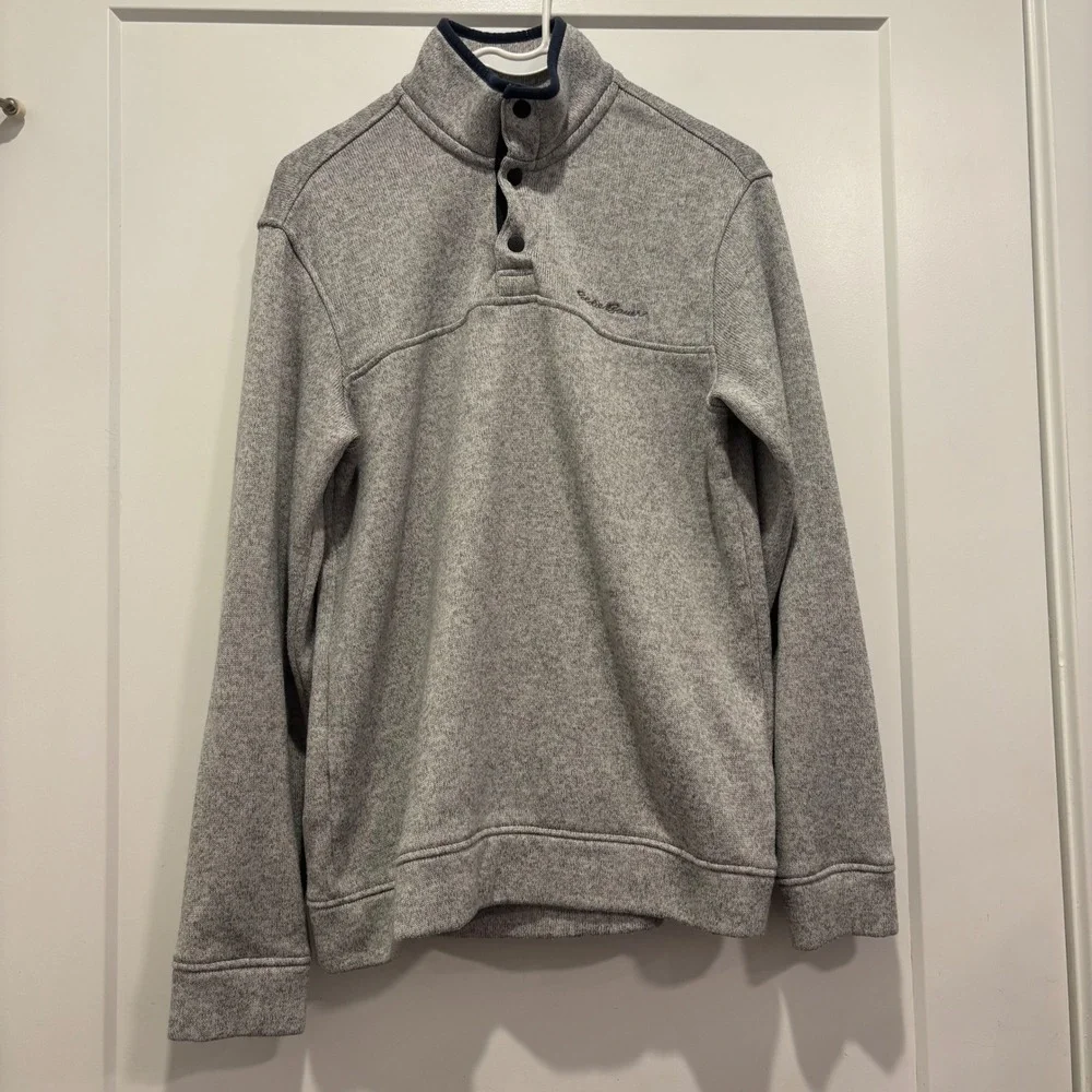 Eddie Bauer Mens Gray Quarter Snap Mock Neck Knit Pullover Sweater Size Medium